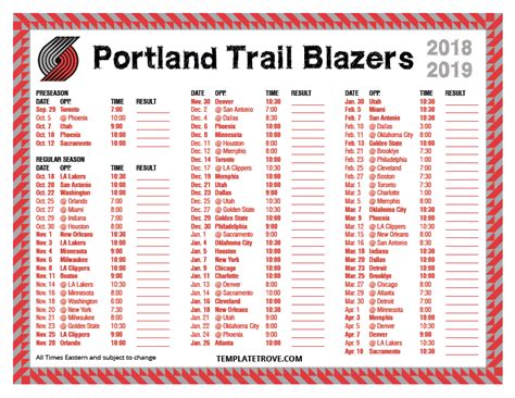 Portland Trail Blazers Printable Schedule